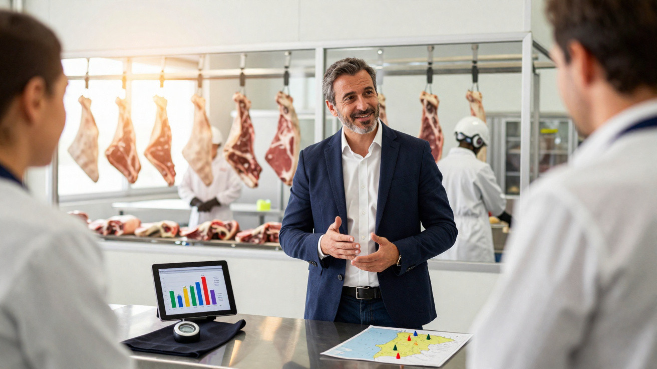 Homem de fato fala com frigoríficos, gráficos e peças de carne penduradas ao fundo.