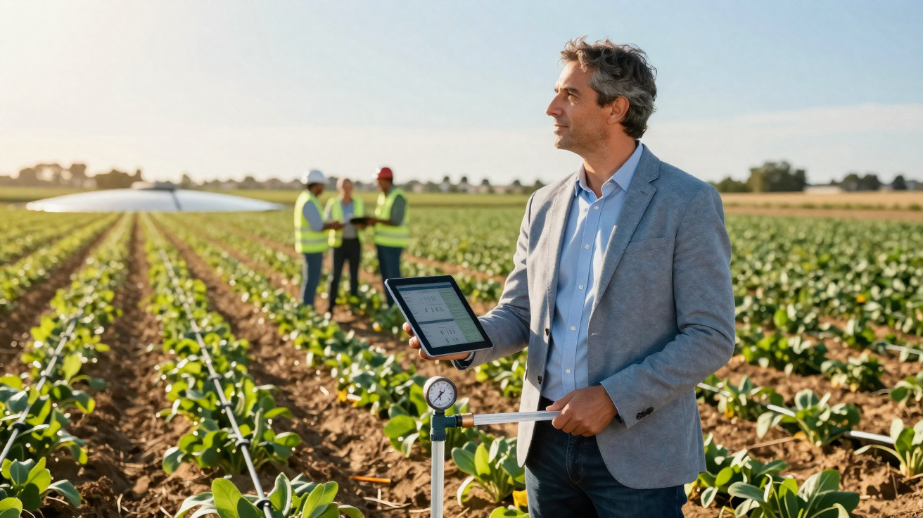 Homem com tablet numa plantação observando irrigação, enquanto três trabalhadores analisam dados ao fundo.
