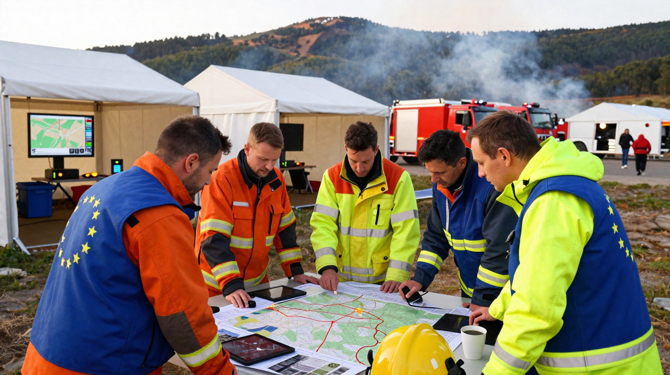Equipa de emergência a planear ação junto a mapa com viaturas e tendas ao fundo, em cenário rural.