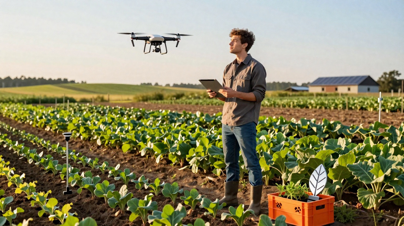 Homem faz controlo de drone numa plantação agrícola ao pôr do sol com tablet na mão.