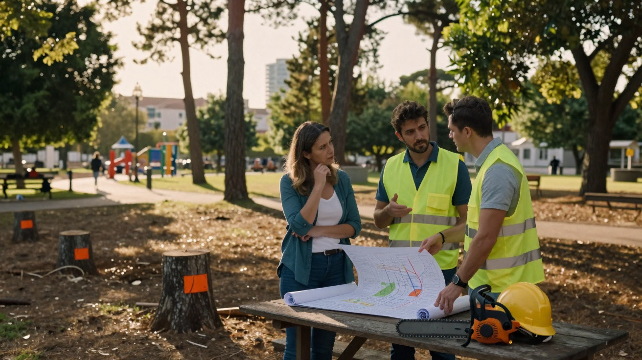 Três pessoas em parque analisam plantas junto a árvore cortada, com motosserra e capacete na mesa de madeira.