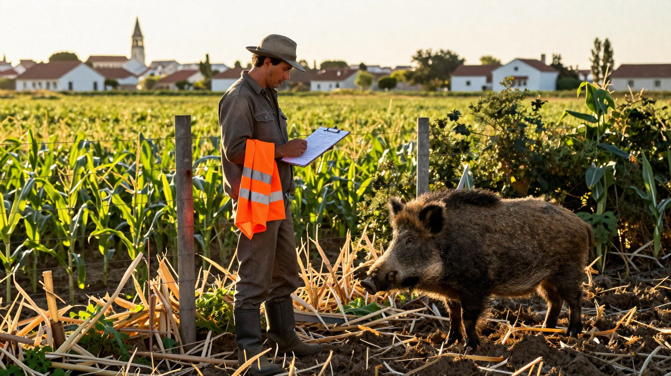Homem de campo com chapéu e colete refletor escreve em prancheta perto de javali numa plantação.