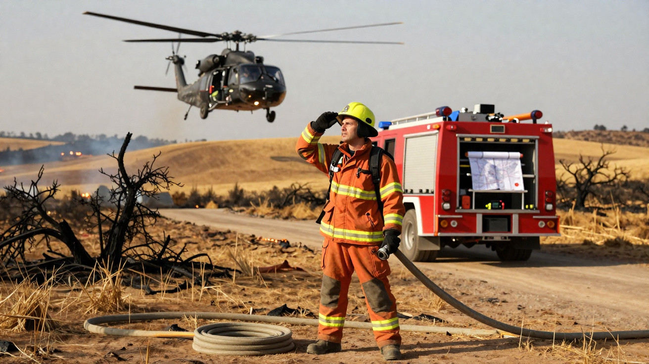 Bombeiro com uniforme e capacete amarelo ao lado de camião de bombeiros e helicóptero no combate a incêndio rural.