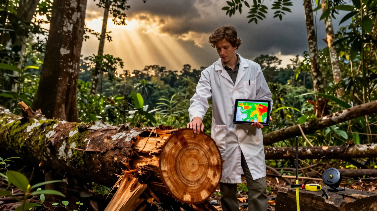 Cientista com bata branca segura tablet mostrando dados enquanto analisa tronco de árvore na floresta tropical.