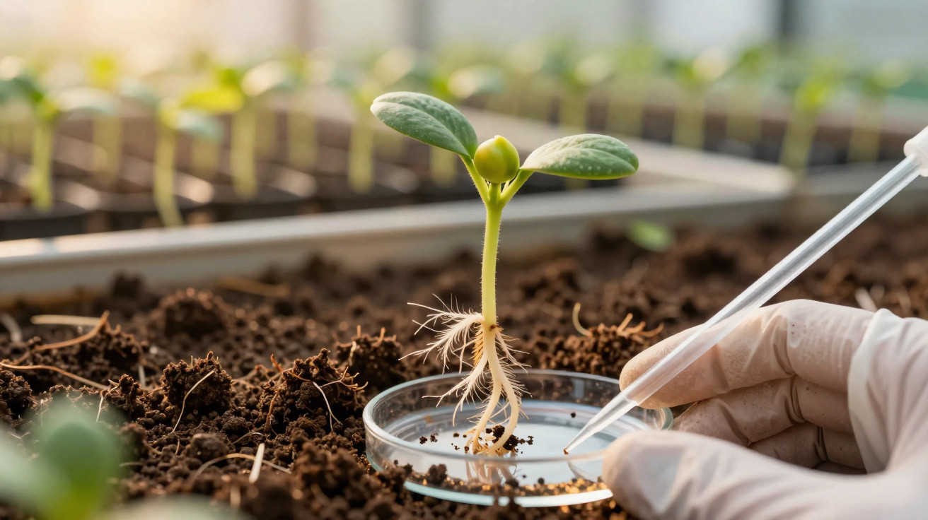 Mão com luva manipula uma planta jovem com raízes expostas em laboratório com uma pipeta, em ambiente de cultivo.