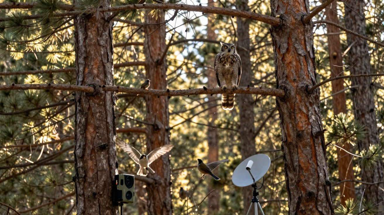 Coruja e outros pássaros em floresta, com câmaras e antena parabólica para estudo ou monitorização.