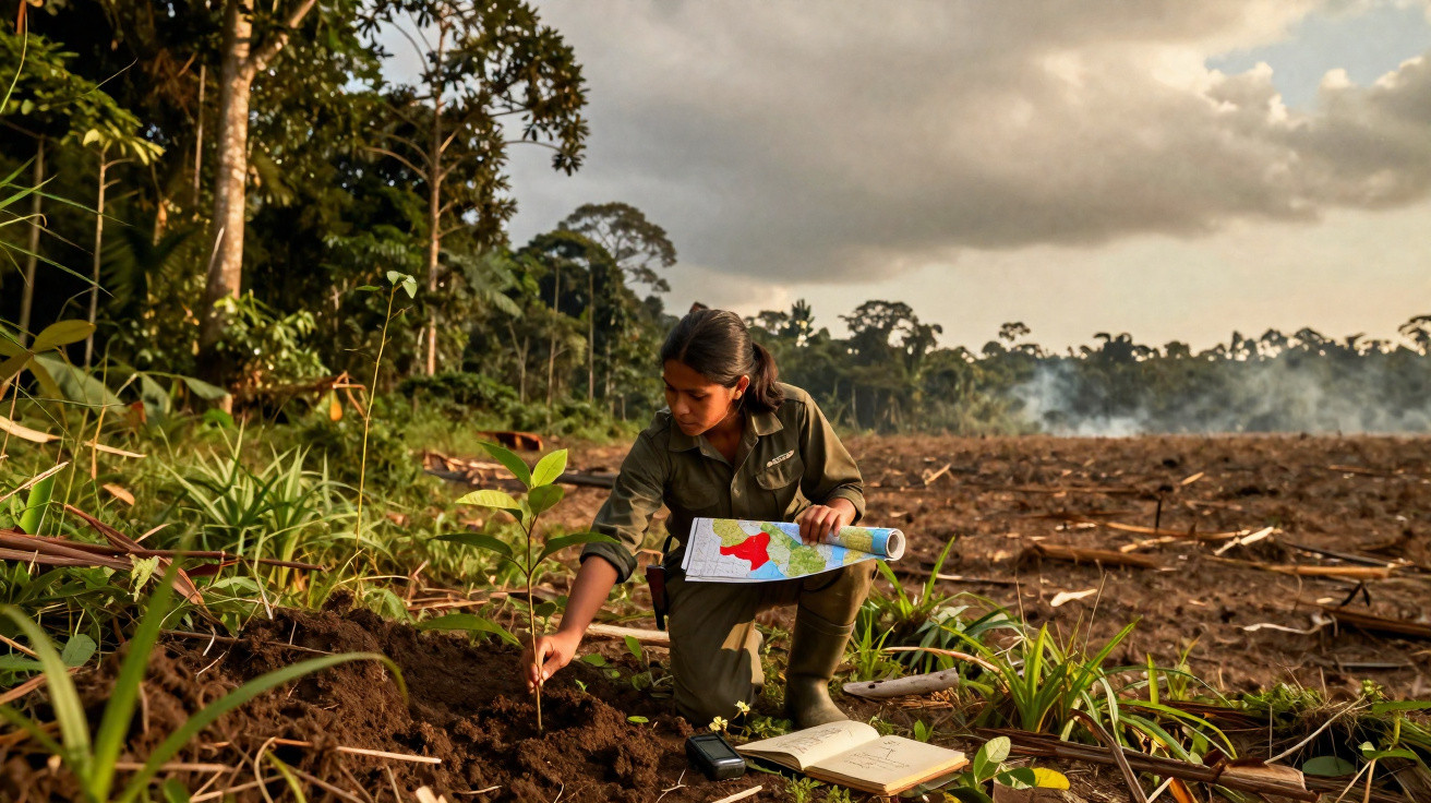 Mulher a plantar árvore numa área degradada perto de floresta, com mapa e caderno no chão.
