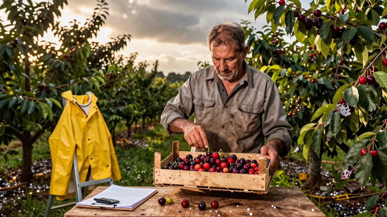 Homem colhe cerejas em quinta, organiza frutas numa caixa de madeira ao pôr do sol.