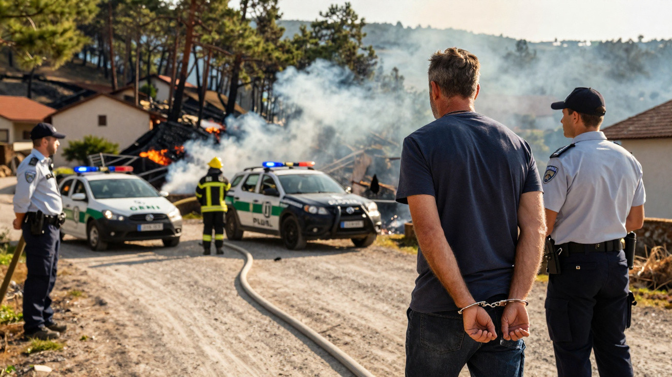 Homem algemado é escoltado por polícia perto de incêndio florestal com bombeiro e carros policiais ao fundo.