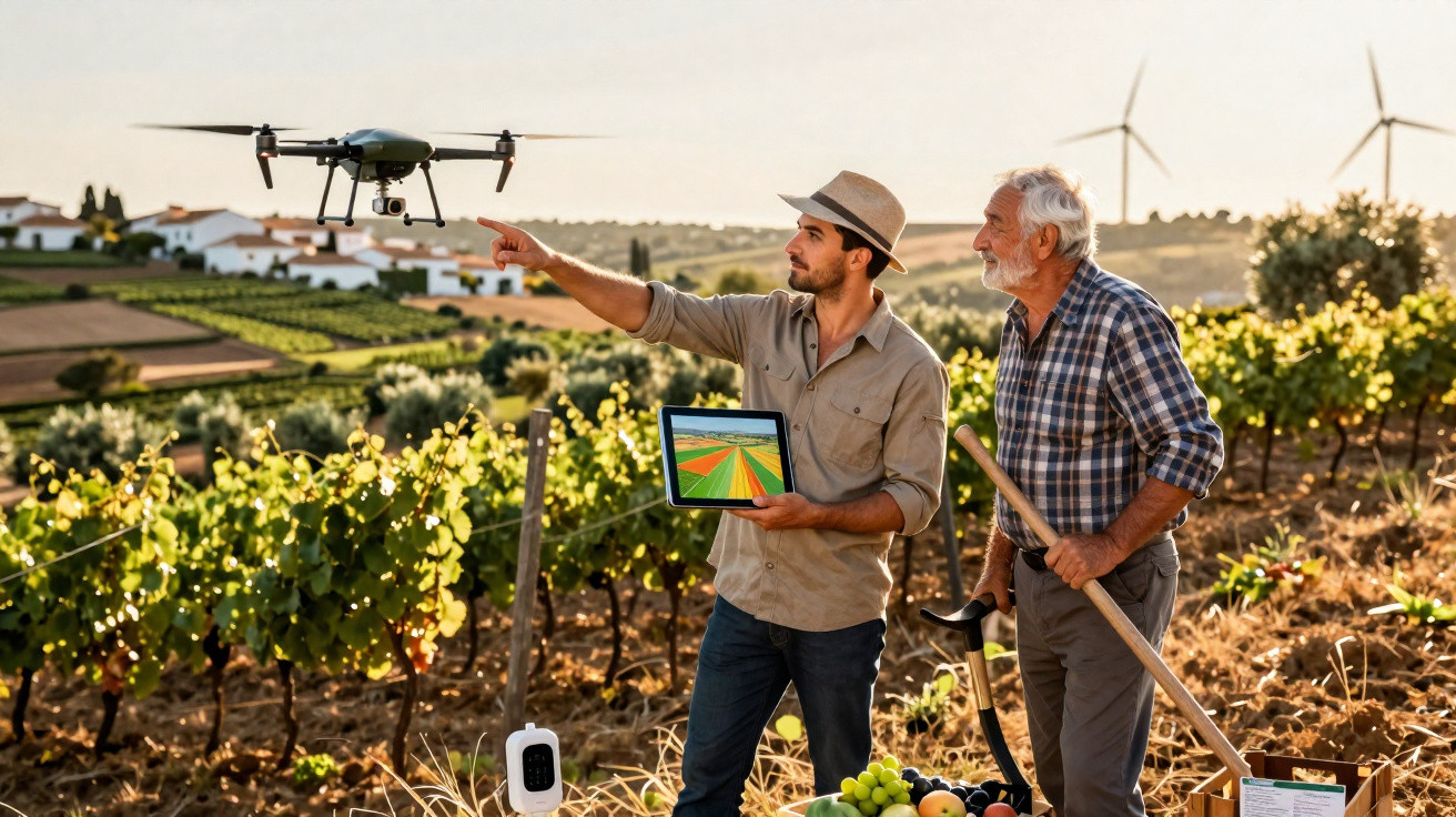 Dois agricultores numa vinha utilizam um drone e tablet para monitorizar culturas ao pôr do sol.