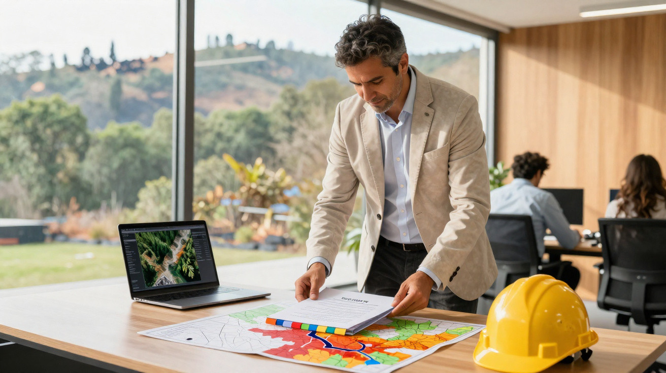 Homem de negócio com fato claro analisa mapas coloridos numa mesa com capacete amarelo, em escritório moderno.