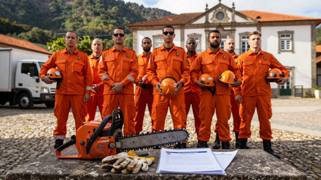 Grupo de nove bombeiros em uniforme laranja em formação, com motosserra e material na frente, em espaço exterior.