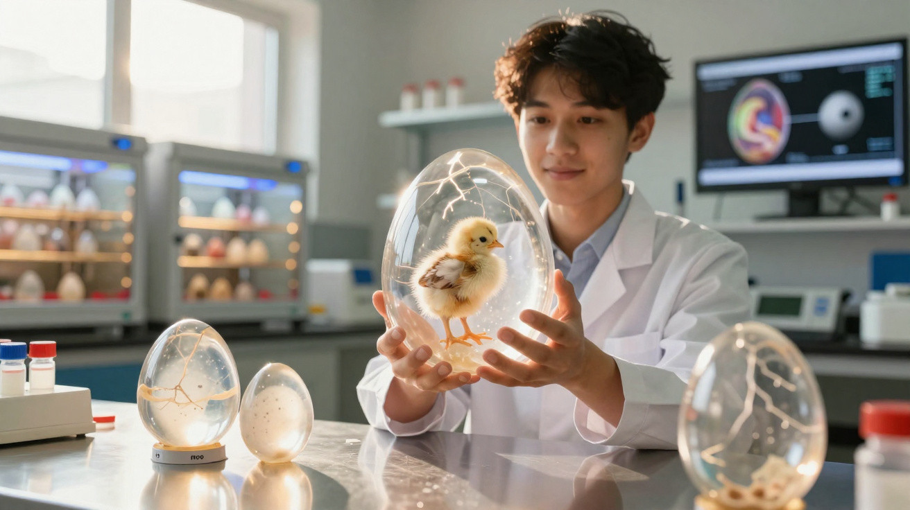 Cientista em laboratório observa pintainho dentro de ovo transparente holográfico na mesa com outros ovos.
