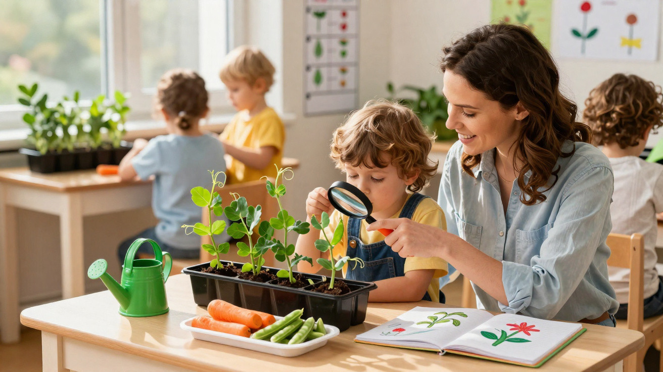 Crianças com professora observam plantas e legumes numa sala de aulas iluminada e decorada com desenhos.