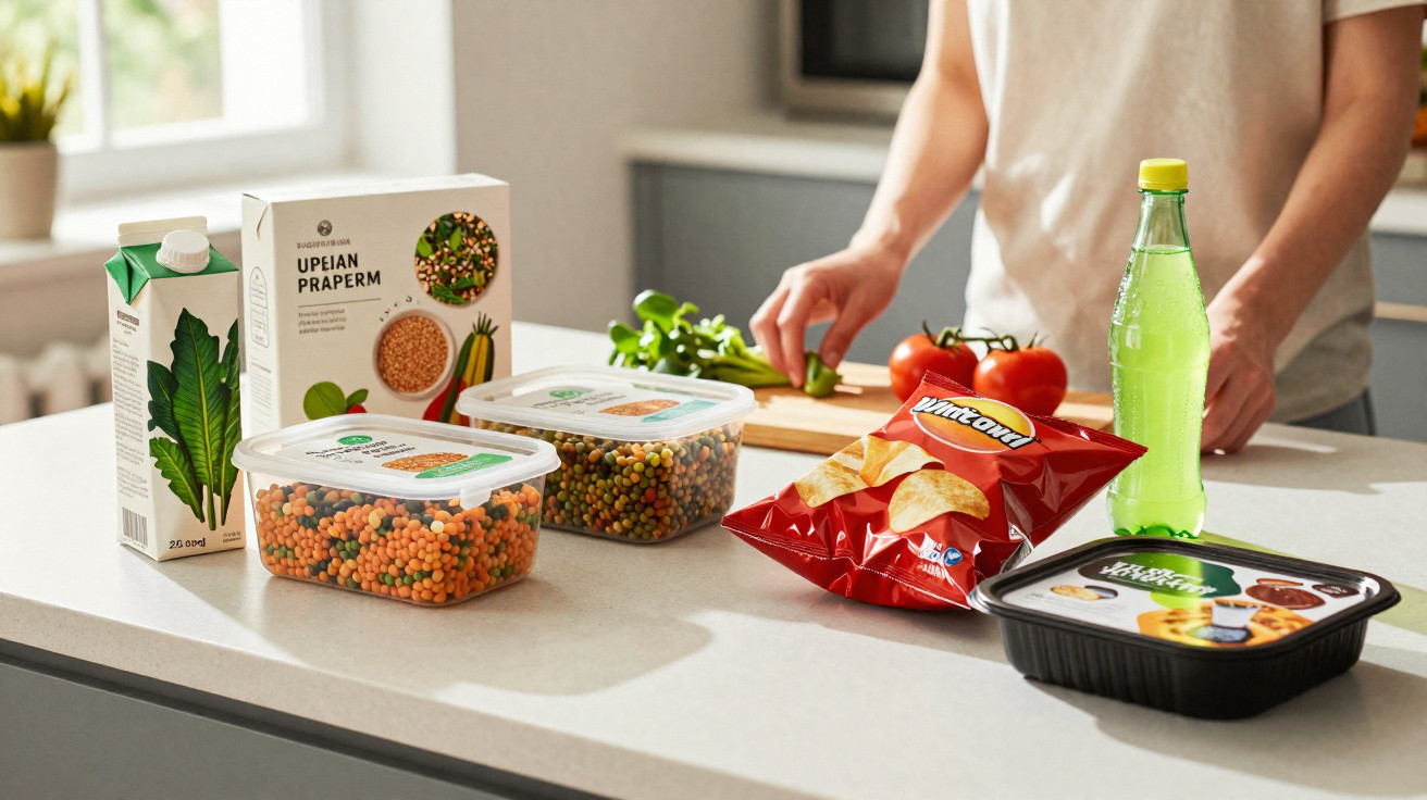 Pessoa em cozinha a cortar legumes, com alimentos embalados variados numa bancada clara.