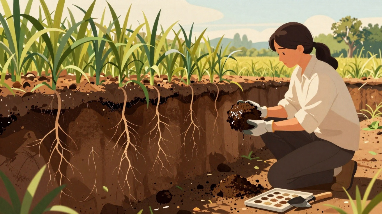 Mulher a examinar terra junto a raízes de plantas numa horta ao ar livre, usando luvas.