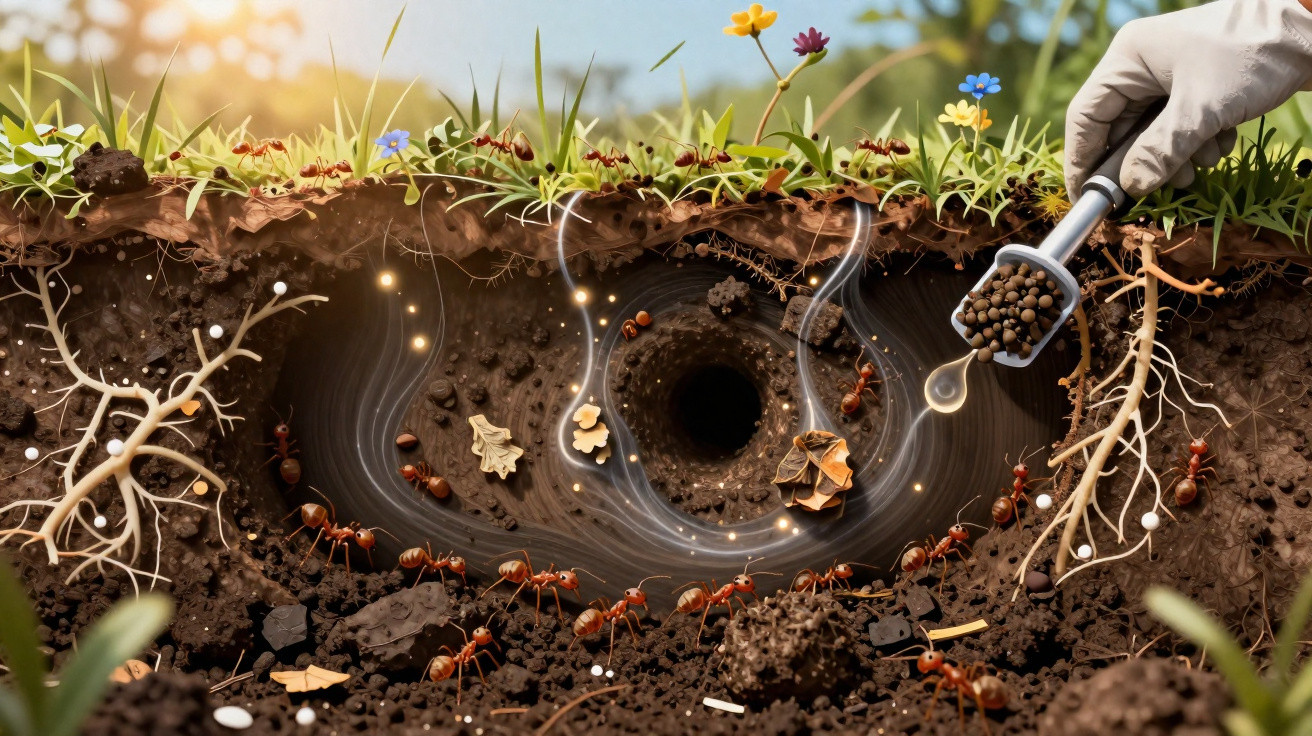 Formigueiro subterrâneo com formigas a transportar alimentos e terra, plantações na superfície e mão a regar.