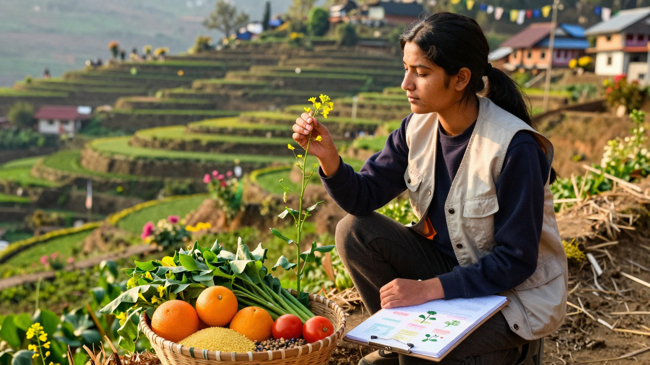 Mulher observa planta amarela numa terraços agrícolas com cesto de legumes e frutas ao lado.