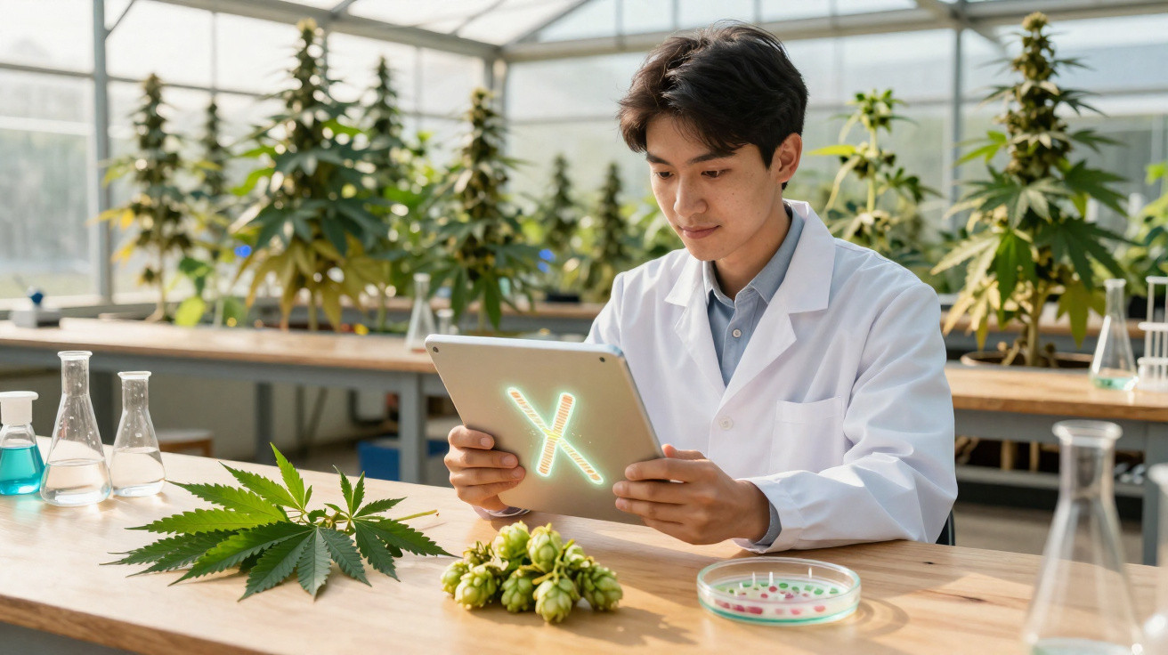Cientista em laboratório com folhas de cânhamo, petri e tablet a estudar plantas de cannabis.