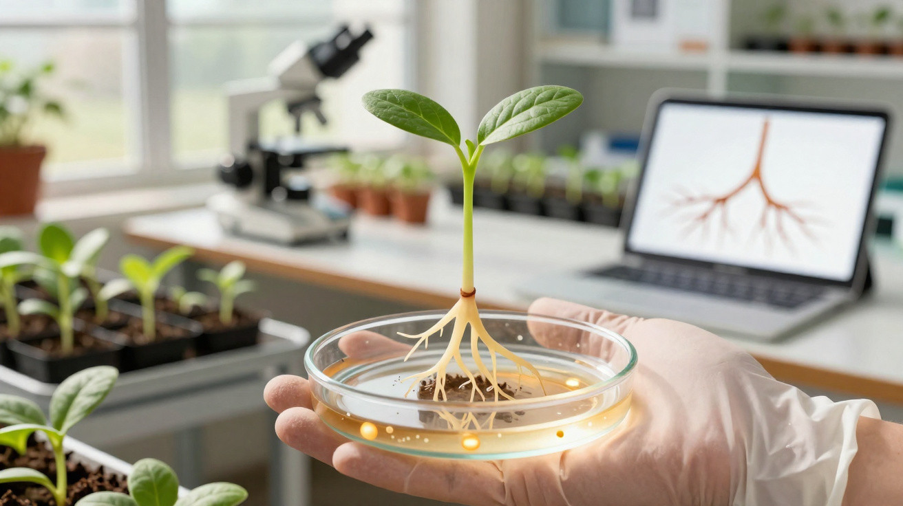 Mão com luva segura placa de Petri com planta jovem refletindo raízes, microscópio e computador ao fundo.