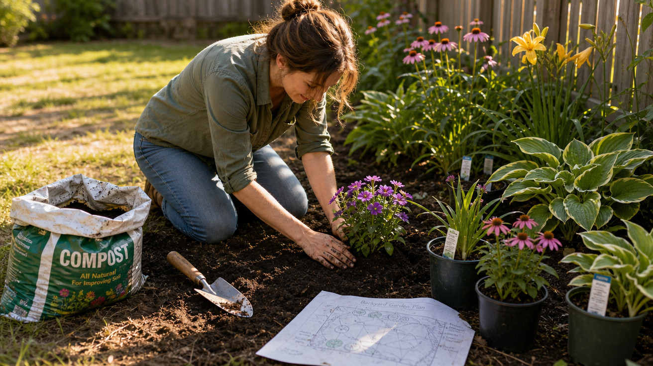 Mulher a plantar flores num jardim com terra, adubo e plano de jardinagem ao chão.