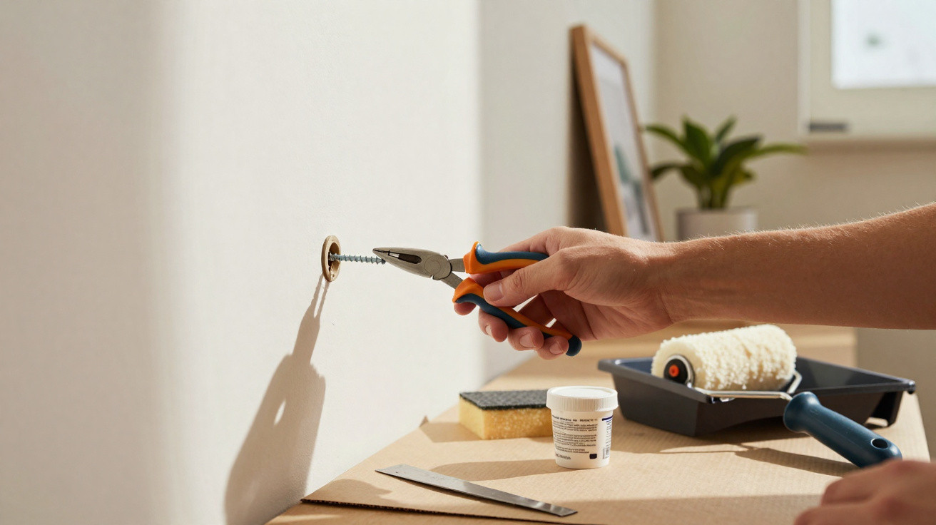 Pessoa a usar um alicate para apertar um parafuso na parede, com materiais de pintura numa mesa próxima.