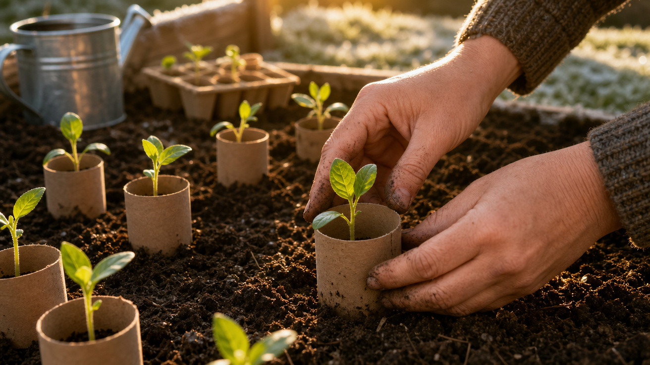 Mãos a transplantar mudas verdes de papel reciclado para terra fértil sob luz solar.